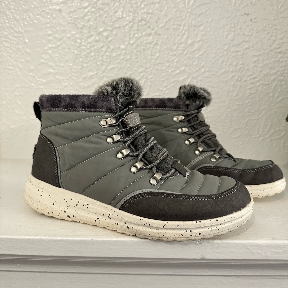 Hey Dude Gray and Black Winter Boots with Faux Fur Trim